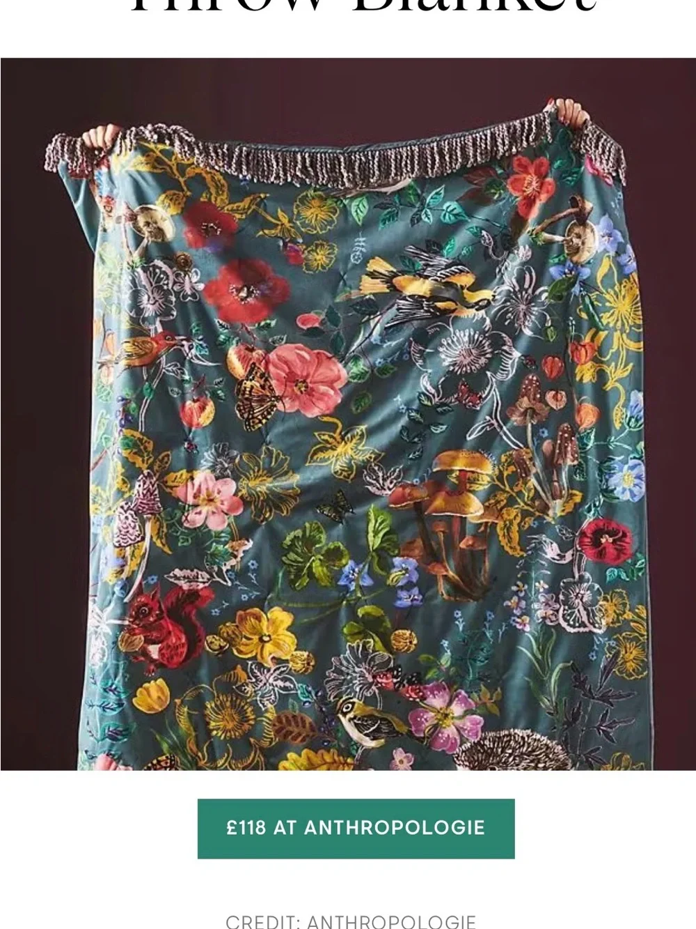 Anthropologie Velvet Floral Throw Blanket - Teal Multi by Natalie Lete